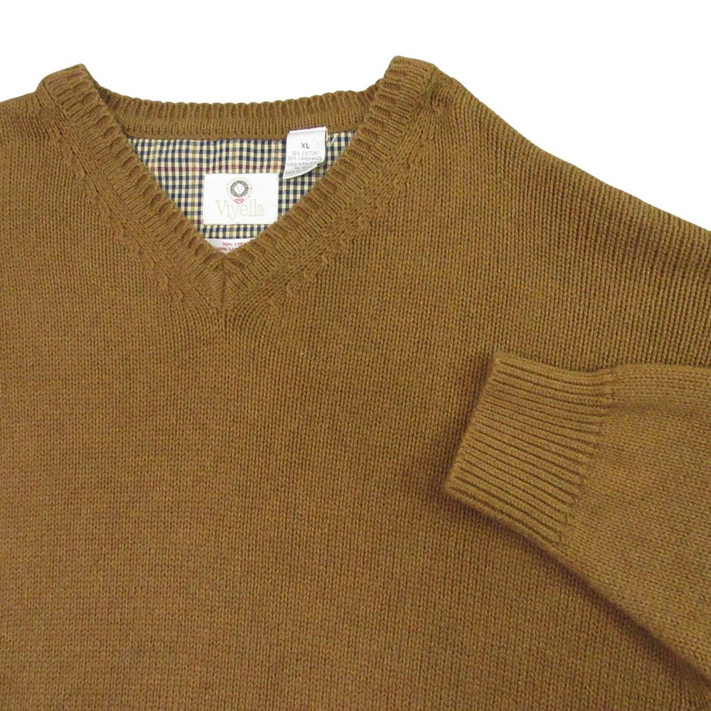 Viyella Mens Pullover Sweater‎ XL Brown Cotton Lambswool Blend V Neck Long